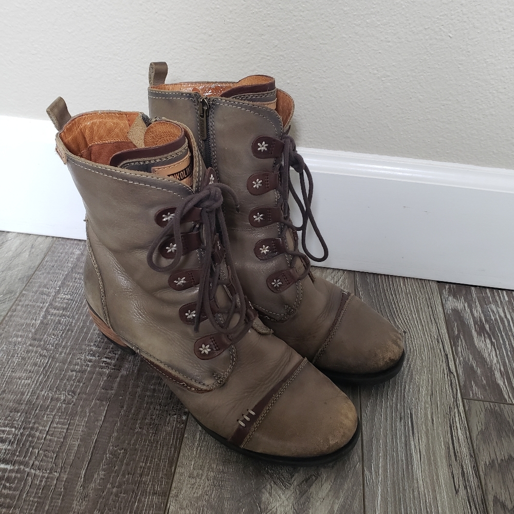 Pikolinos Le Mans Short Lace Up Zip Boots Ankle 39 aka 8 Green Leather